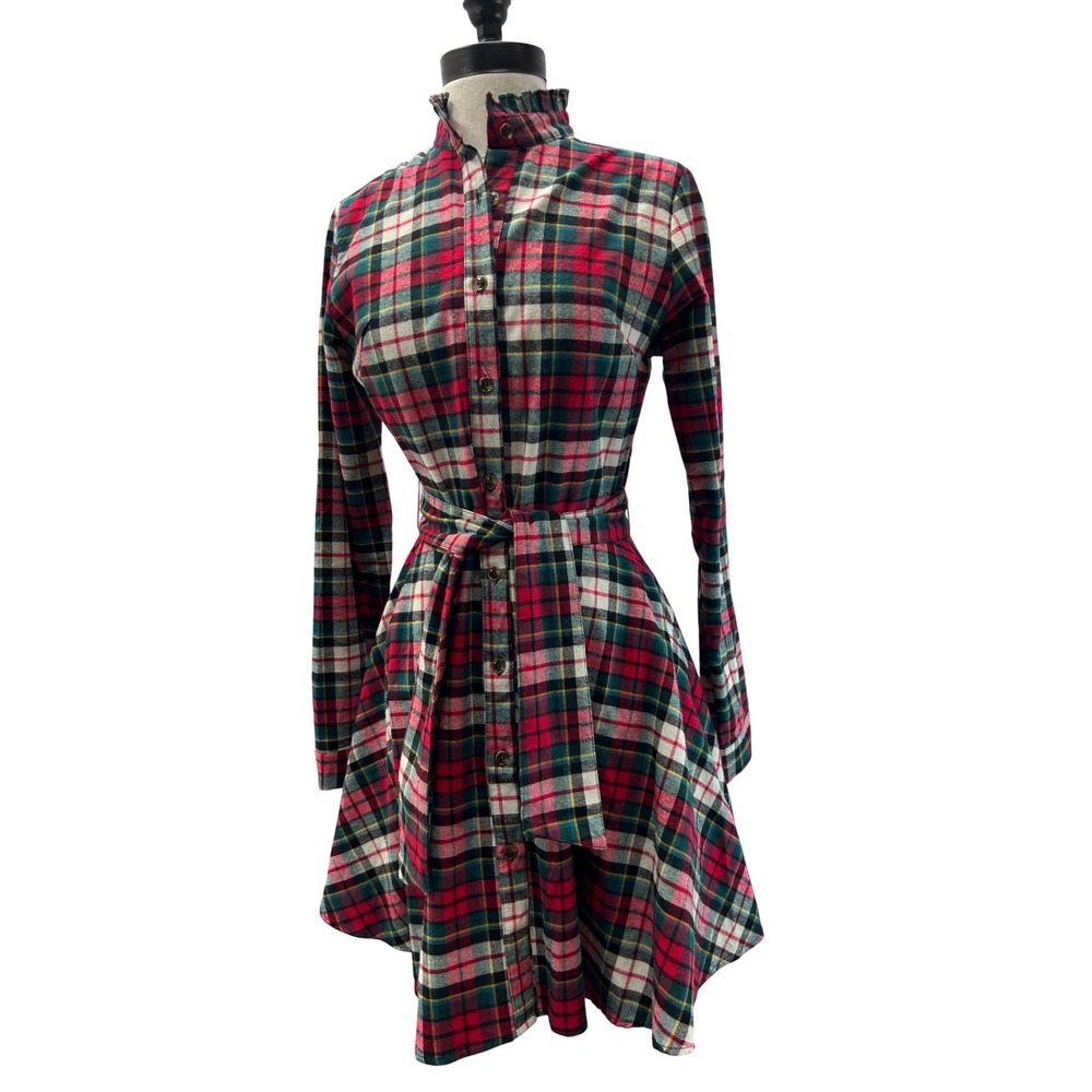 Kiel James Patrick Shirtdress Womens XS Red Plaid Excellent Flannel Mini Belted - Picture 5 of 9
